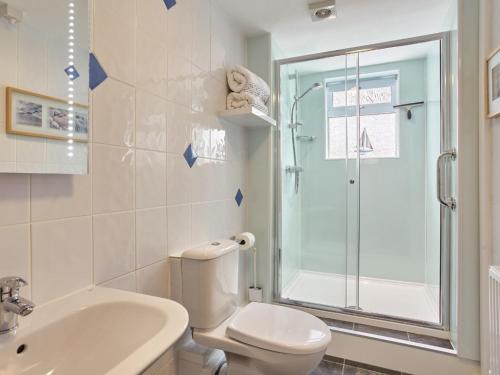 a bathroom with a toilet and a shower and a sink at Polgew Apartment in Marazion