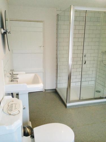 a bathroom with a shower and a toilet and a sink at The Crown Inn in Towcester