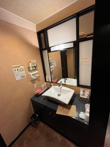 a bathroom with a sink and a mirror at ホテルアンの家 in Ikaho