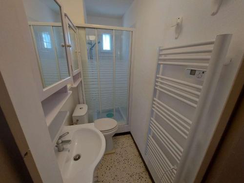 une salle de bain avec toilettes, lavabo et douche dans l'établissement Appartement 3 Pièces Climatisé pour 6 Personnes avec Terrasse et Cuisine Équipée à Marseillan - FR-1-326-786, à Marseillan