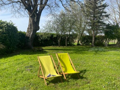 deux chaises assises dans l'herbe dans un champ dans l'établissement Vacances aux Petites Rivières, à Saint-Loup-de-Saintonge