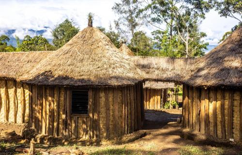 una cabaña vieja con techo de paja en un campo en Omo Bugamo Skeleton Tribe Eco Resort, 