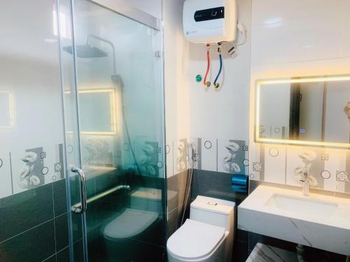 een badkamer met een douche, een toilet en een wastafel bij CÁT BÀ STORY HOMESTAY in Cat Ba