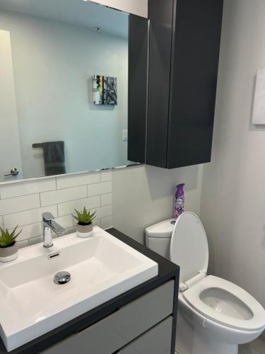 a bathroom with a sink and a toilet and a mirror at Beautiful one bedroom downtown Condo with pool and free parking in Montreal