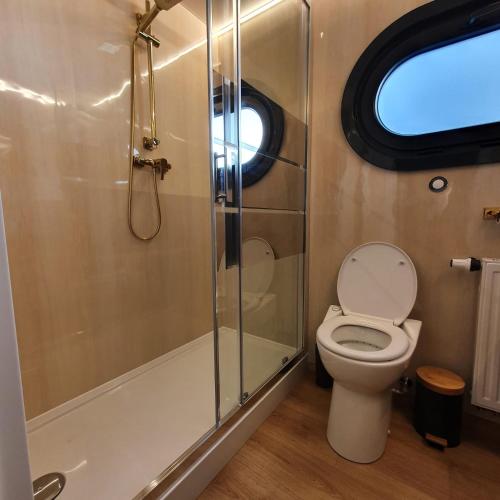 a bathroom with a toilet and a shower at Modern, brand new houseboat near Amsterdam in Monnickendam