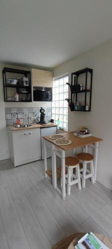 une cuisine avec une table et des chaises dans une pièce dans l'établissement joli studio centre ville d'Amiens, à Amiens