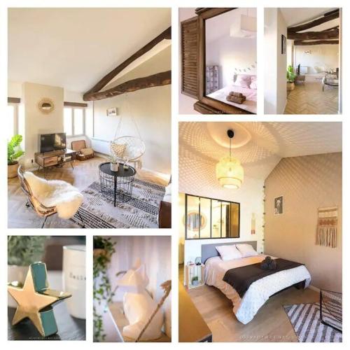 un collage de photos d'une chambre et d'un salon dans l'établissement COZY APPARTEMENT - CALME - HYPERCENTRE - GAILLAC, à Gaillac