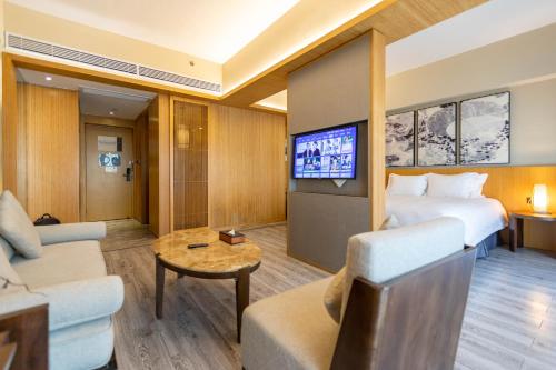 杭州的住宿－杭州西溪南庐君亭酒店，一间酒店客房,配有一张床和一台电视