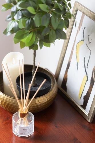 a candle and a potted plant on a table at Spacious 2 Bed Apartment in Central Location in London
