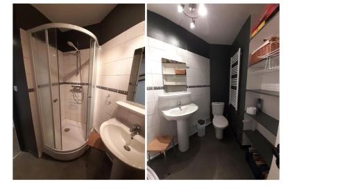 - deux photos d'une salle de bains avec un lavabo et une douche dans l'établissement Appartement 4 personnes 30 m² Station Chamrousse, pied des pistes, à Chamrousse