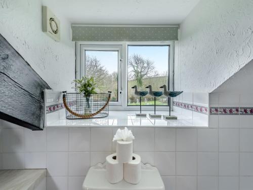 Baño blanco con ventana y lavabo en Ty Llaethdy - Oac, en Gowerton