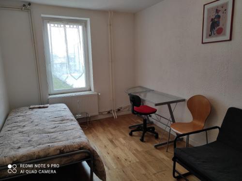 une chambre avec un lit, un bureau et une fenêtre dans l'établissement Superbe studio dans quartier calme, à Nancy