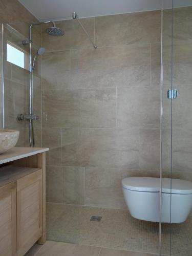une salle de bain avec une douche avec des toilettes et un lavabo dans l'établissement Studio White, à Digne-Les-Bains