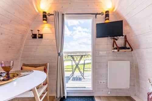 a tiny house with a large window and a tv at Domaine des Vignères in Saint-Maurice-de-Tavernole