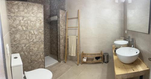 uma casa de banho com um lavatório, um WC e um espelho. em Apartamento “El Vicho” en la Axarquía em Almáchar
