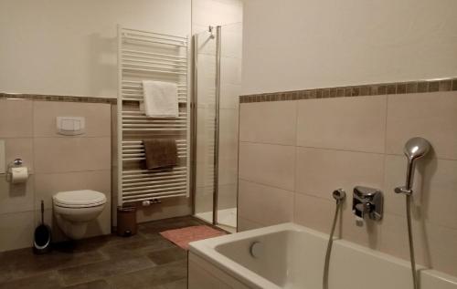 a bathroom with a tub and a toilet and a shower at Ferienwohnung Taubertraum in Weikersheim