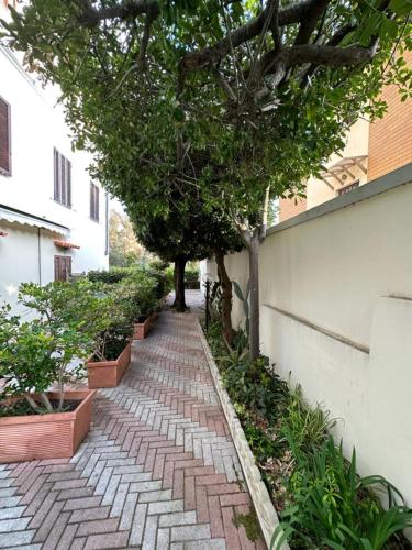 a brick walkway with trees on the side of a building at La Casa di Filippo in Quercianella