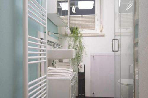 uma casa de banho com um lavatório e um espelho em Ferienwohung DaHeim em Bovenden