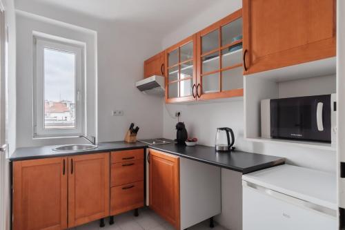 a kitchen with a sink and a microwave at Sunny Condo in Holešovice by Prague Days in Prague
