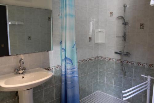 La salle de bains est pourvue d'un lavabo et d'une douche. dans l'établissement Les Morillons, à Foncine-le-Bas