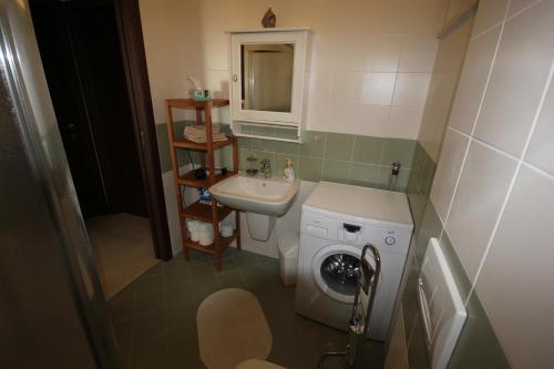 a small bathroom with a sink and a washing machine at Appartamento Quadrivium in Castelnuovo del Garda