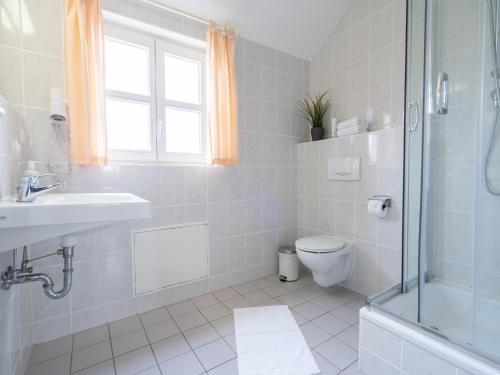 a bathroom with a toilet and a sink and a shower at Feriendorf Rugana - Klassik Appartement mit 1 Schlafzimmer D15 in Dranske