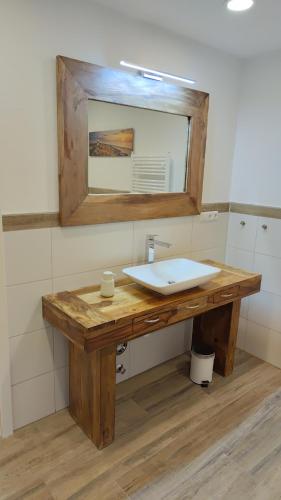 a bathroom with a sink and a mirror at Urlaub im Erholungsgebiet der Dörenther Klippen in Ibbenbüren