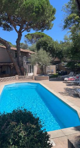 une piscine bleue devant une maison dans l'établissement maison 6 personnes villa sofia, à Sainte-Maxime