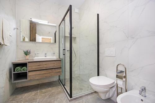 W łazience znajduje się prysznic, toaleta i umywalka. w obiekcie Apartman Rokov w mieście Kaštela