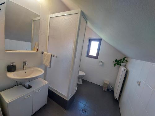 a white bathroom with a sink and a shower at Guest House Gacka Rogić in Otočac