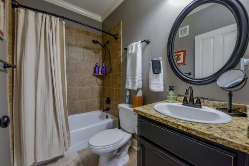 a bathroom with a sink and a toilet and a mirror at Elephant Stomp in Tuscaloosa