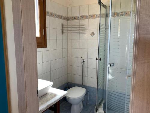 ein Badezimmer mit Toilette, Waschbecken und Dusche in der Unterkunft Olga Studio Kouremenos in Palekastro