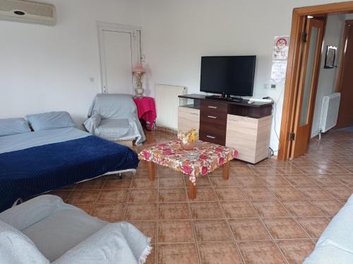 ein Wohnzimmer mit einem Bett, einem TV und einem Tisch in der Unterkunft Green house - Apartment in Aridaia-Loutra Pozar in Aridea