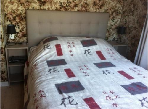 ein Bett mit einer asiatischen Decke darüber in der Unterkunft Location Vacances Des 4 Vents in Girmont-Val-dʼAjol