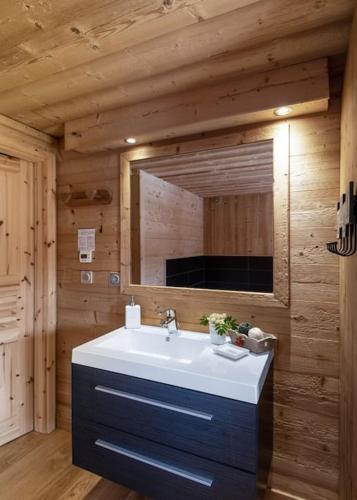 une salle de bain avec un lavabo et un miroir dans l'établissement Remarquable chalet de montagne au calme et vue sur tremplin, à Gérardmer