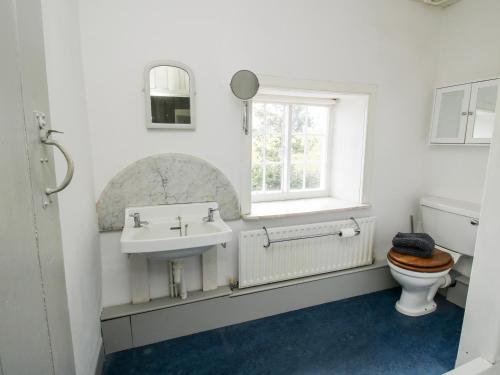 a bathroom with a sink and a toilet and a window at 1 Hetfield Cottages in Bishops Castle
