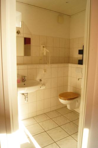 La salle de bains est pourvue de toilettes et d'un lavabo. dans l'établissement Ferienhaus Gerlach, à Essingen