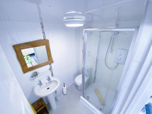 a white bathroom with a shower and a sink at The Little Cabin in St Ives