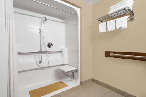 a white bathroom with a shower and a toilet at Ramada by Wyndham Hendersonville in Hendersonville