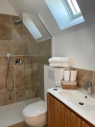 a bathroom with a sink and a shower and a toilet at Gîte Les 27 in Saint-Denis-le-Ferment