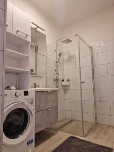 pralka w łazience z prysznicem w obiekcie White House Apartman Budapest w Budapeszcie