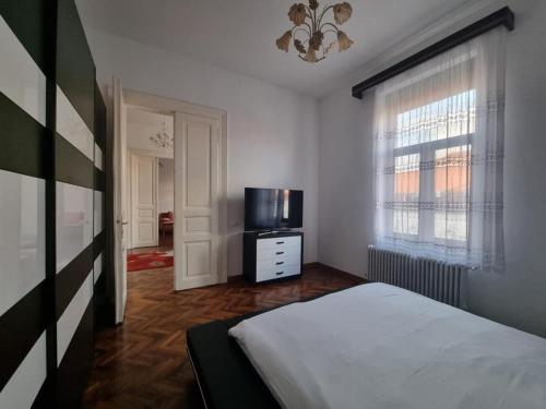 a bedroom with a bed and a tv and a window at Downtown Fuchsl Palace in Oradea
