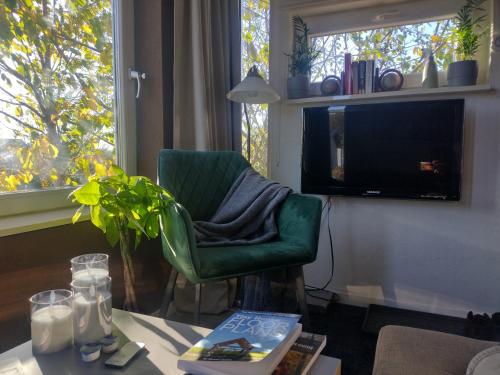 a living room with a green chair and a table at Tuinhuisje in het groen in Almere
