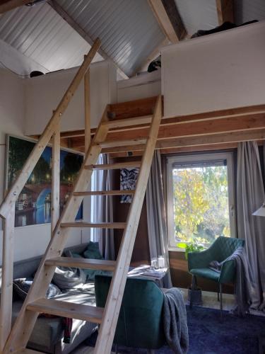 a loft bed in a tiny house at Tuinhuisje in het groen in Almere