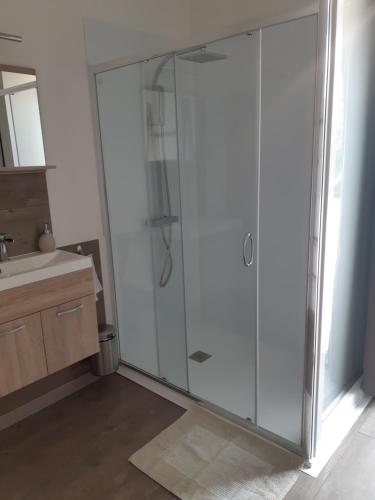 uma cabina de duche em vidro na casa de banho com um lavatório em Le Mas Blanc em Carcassonne