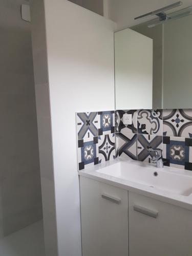 a bathroom with a white sink and a mirror at La Petite Sommière in Besançon