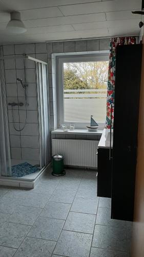 uma casa de banho com um chuveiro, um lavatório e uma janela em Fewo Am Heidestrandbad em Hemmoor
