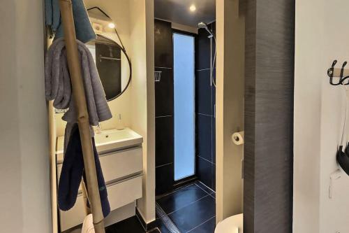 ein Badezimmer mit einem Waschbecken, einem WC und einem Spiegel in der Unterkunft Le Saint Roch 2 - AC CLIM - WIFI - 50m Centre ville in Avignon