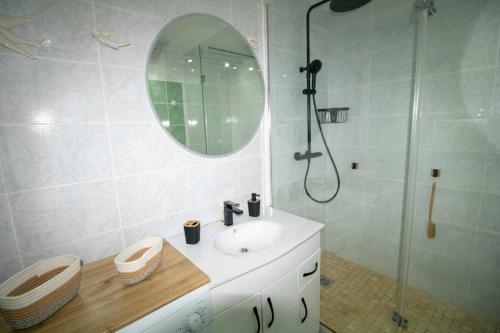 ein Bad mit einem Waschbecken und einer Dusche mit einem Spiegel in der Unterkunft Nice quiet nest near Fréjus Plage and Port Fréjus in Fréjus