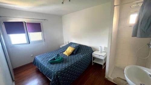 Dormitorio pequeño con cama y lavamanos en MER & SOLEIL en Morsiglia